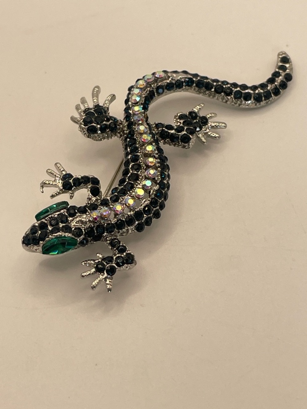 Rhinestone Lizard Brooch with Emerald Eyes can also be worn as a pendant 2.5”New